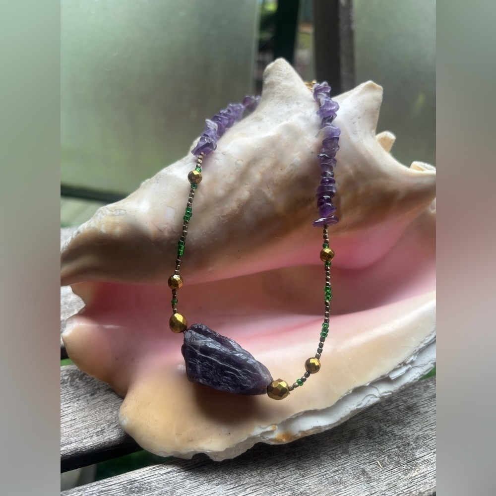 HAND CRAFTED Artisan Raw Dark Amethyst Golden Hematite and Amethyst Chips Choker
